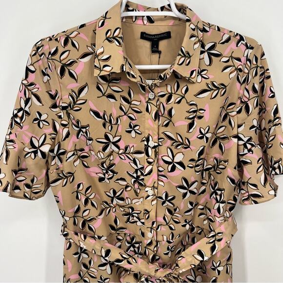 Banana Republic Women’s Tan Floral Button Front Short Sleeve Dress Size 4 New - Picture 3 of 10